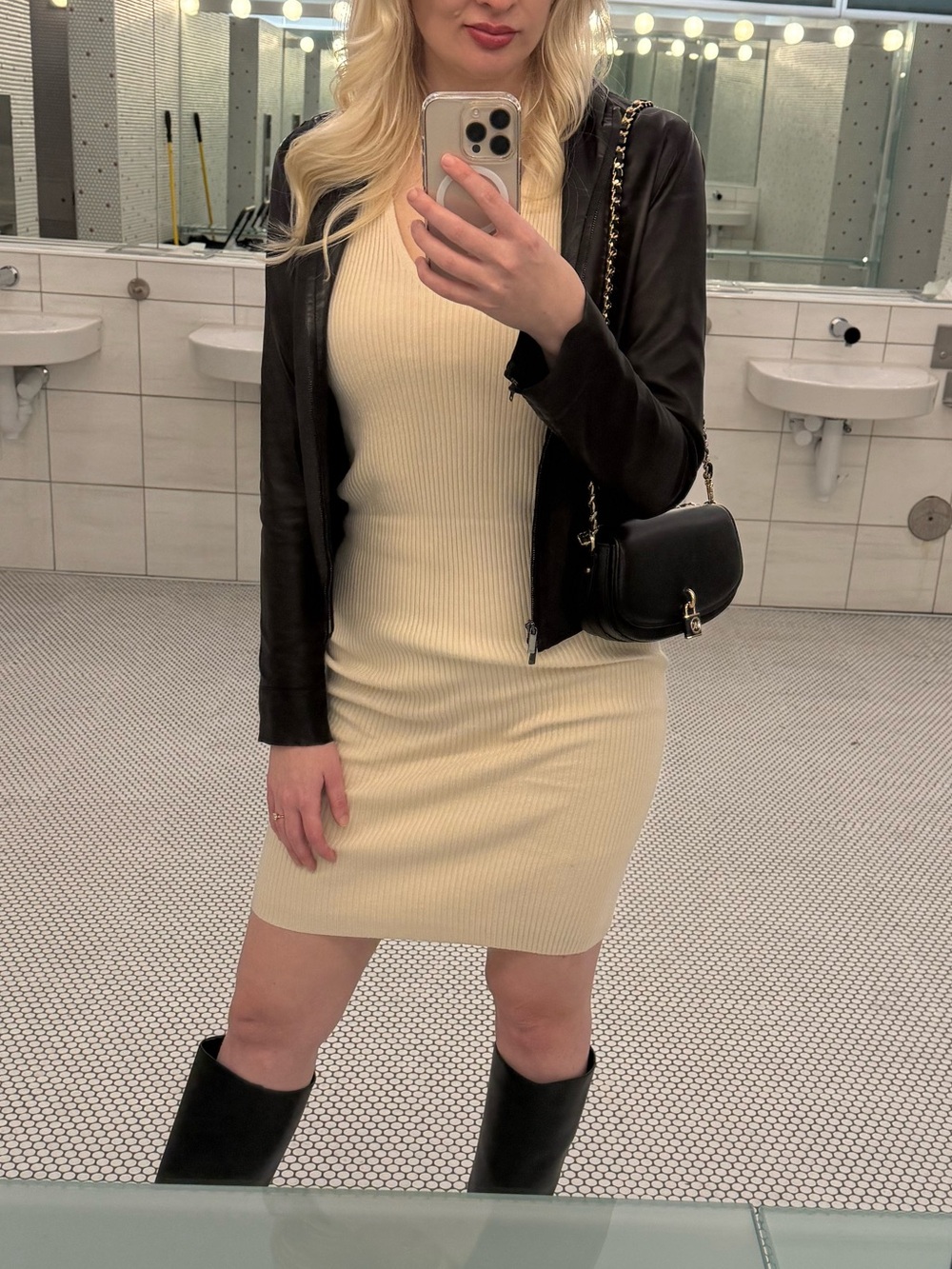 Express Sleeveless Ribbed V-Neck Dress in Beige